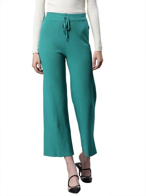 global republic green striped regular fit high rise cropped trousers