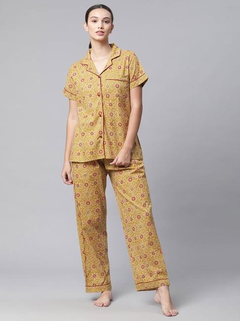 global republic mustard cotton printed shirt pyjama set