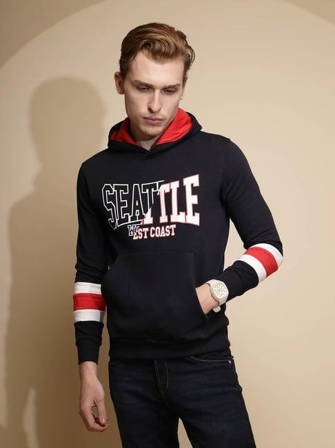 global republic navy regular fit printed hooded sweatshirt