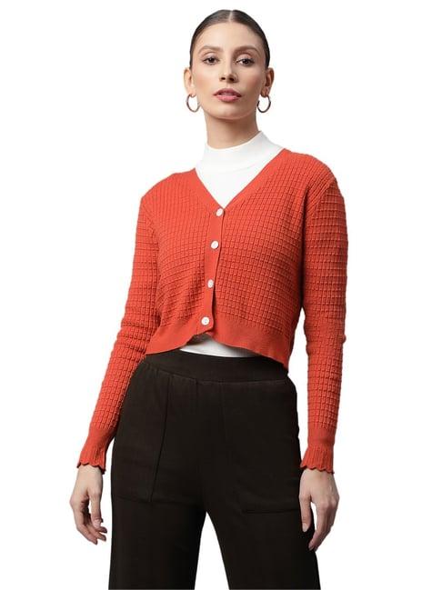 global republic rust full sleeves jacquard crop cardigan