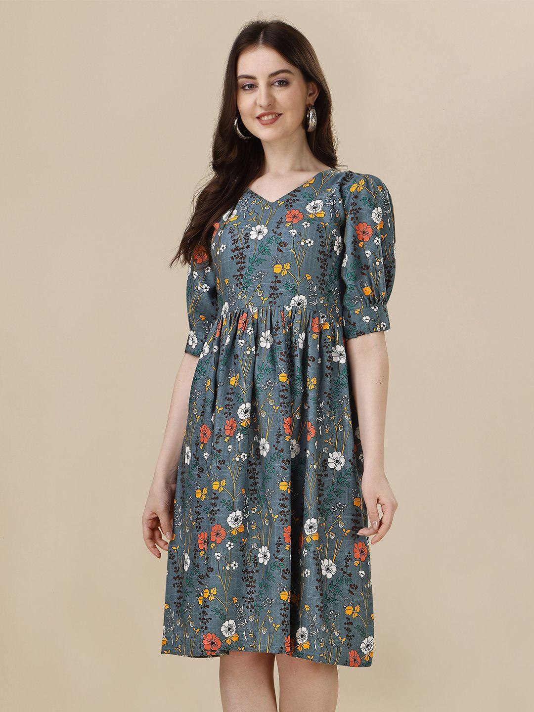 globon impex floral print puff sleeve fit & flare dress