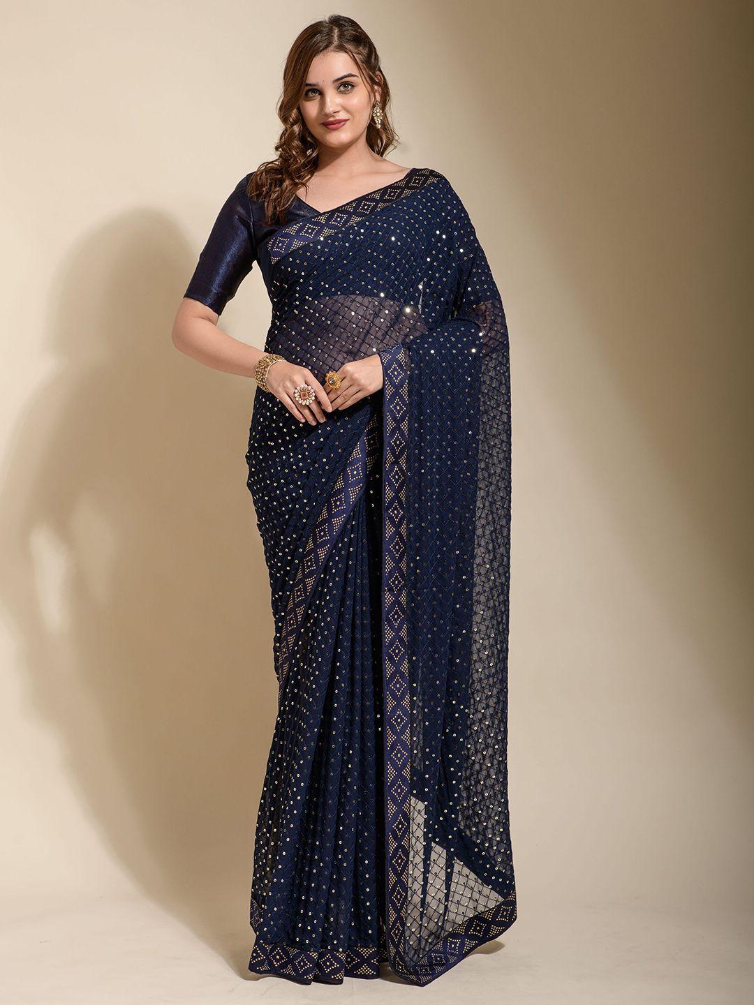 globon impex navy blue & gold-toned embellished sequinned pure georgette saree