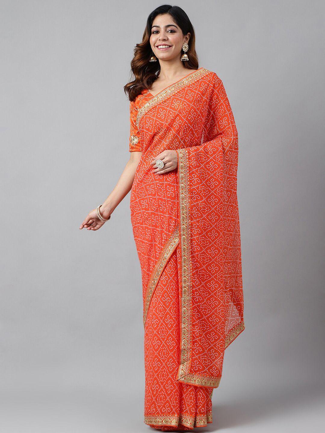 globon impex orange & white bandhani embroidered pure georgette bandhani saree