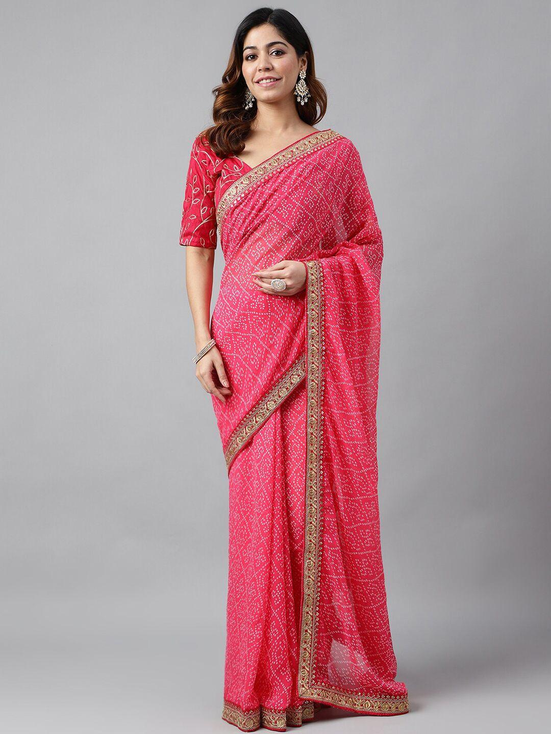 globon impex pink & white bandhani embroidered pure georgette bandhani saree