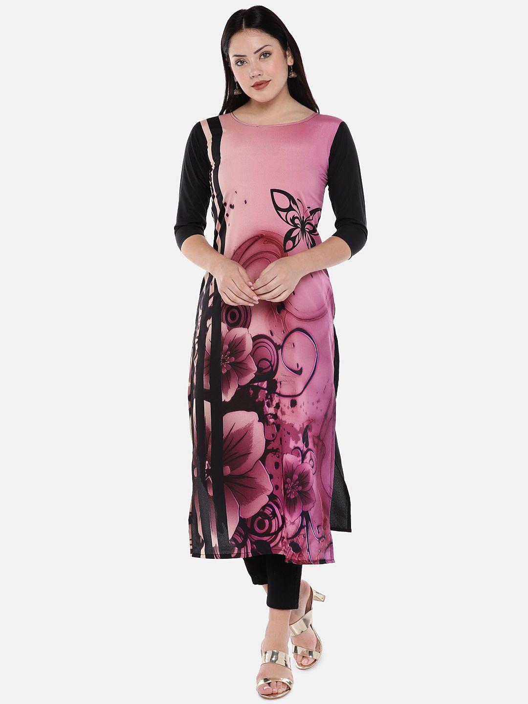 globon impex women black & pink floral printed straight kurta