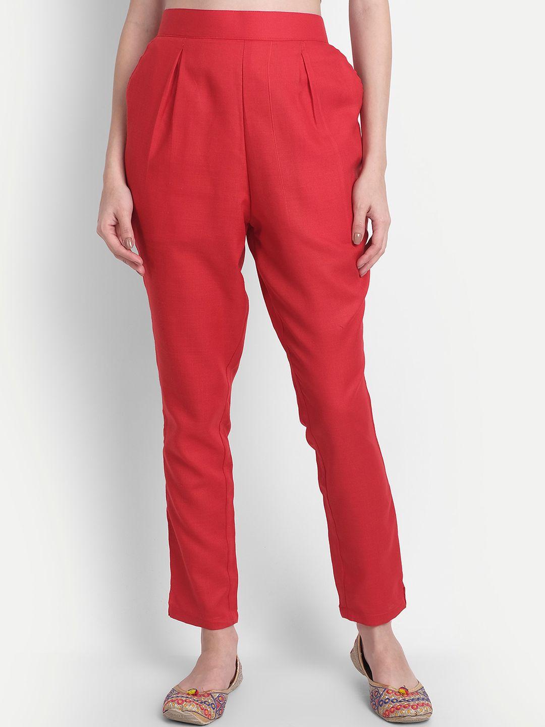 globon impex women red high-rise pleated cotton cropped trousers