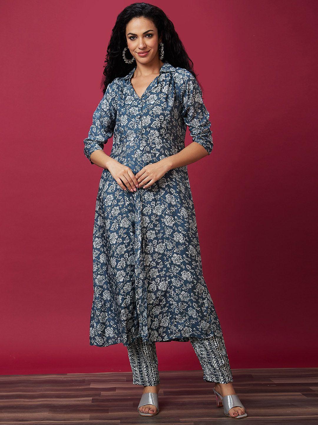 globus blue & white floral printed high slit kurta with trousers