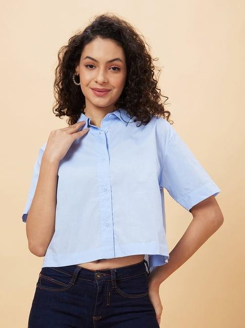 globus blue cotton regular fit cropped shirt