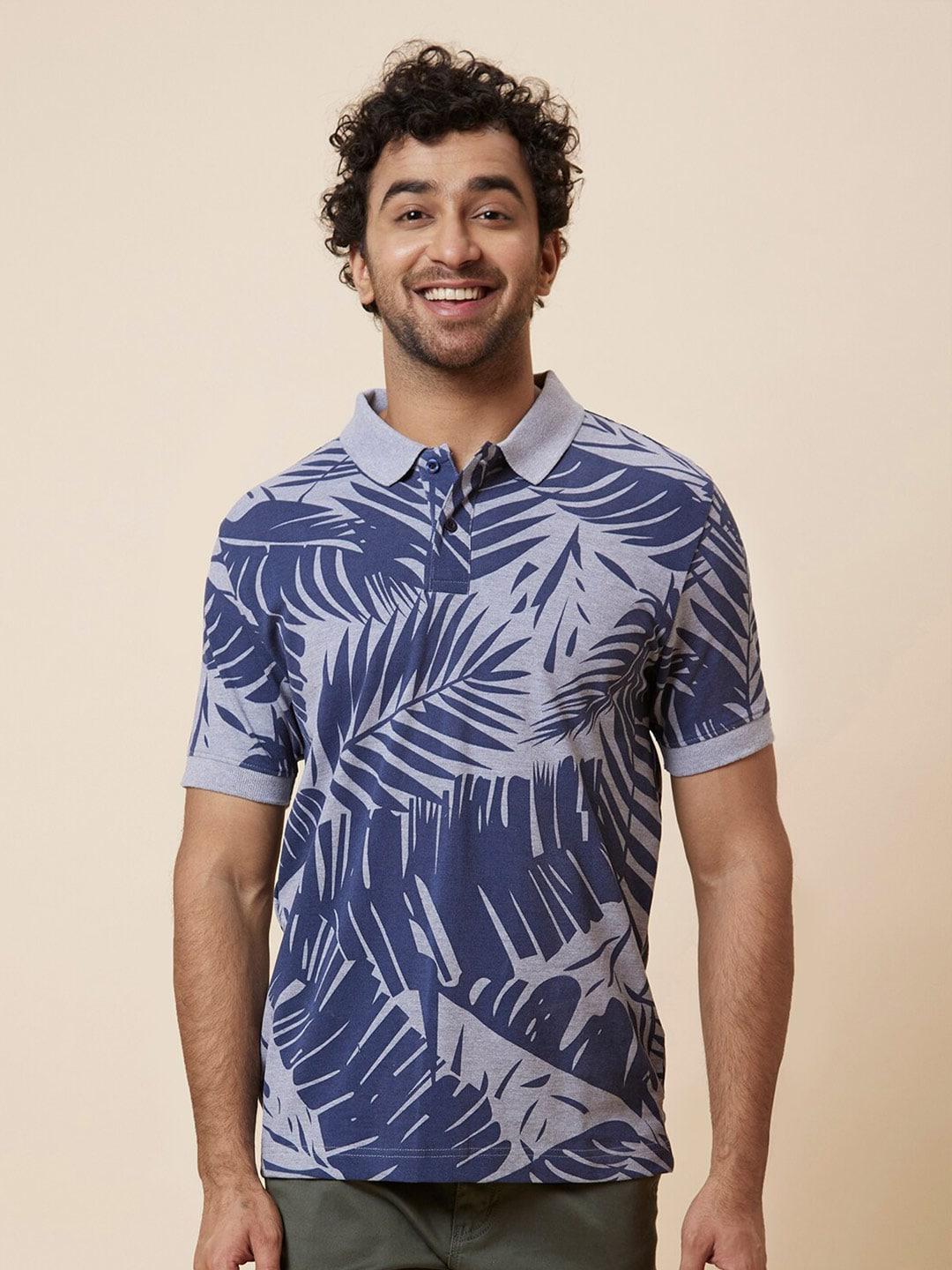 globus blue tropical printed polo collar pure cotton t-shirt