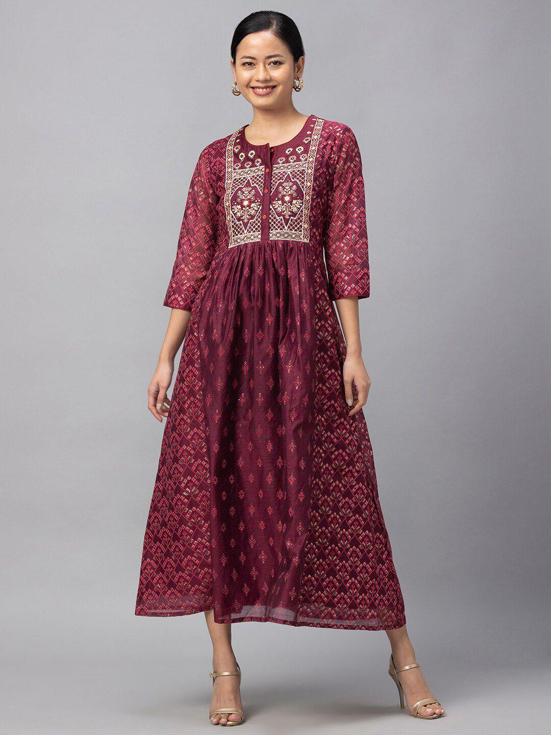 globus burgundy ethnic motifs ethnic maxi dress