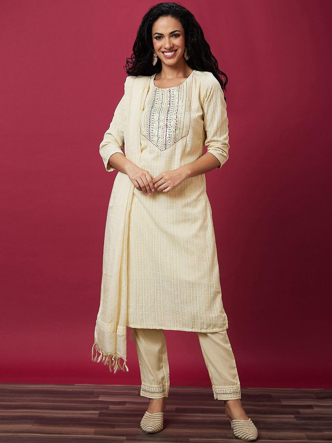 globus ethnic motifs embroidered pure cotton kurta & trousers with dupatta
