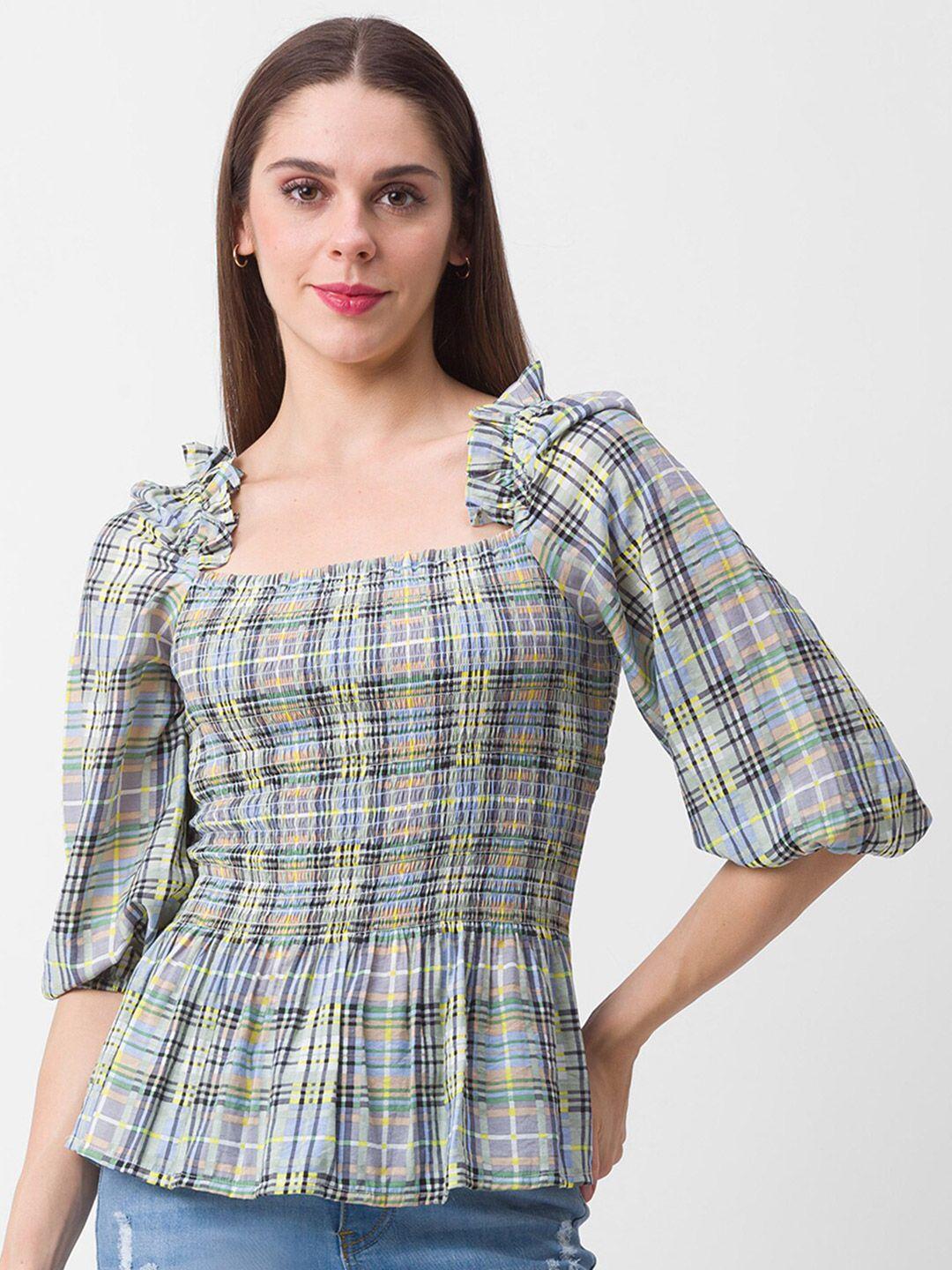 globus grey & blue checked cinched waist top