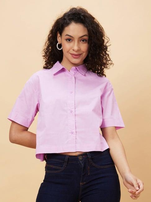 globus lilac cotton regular fit cropped shirt