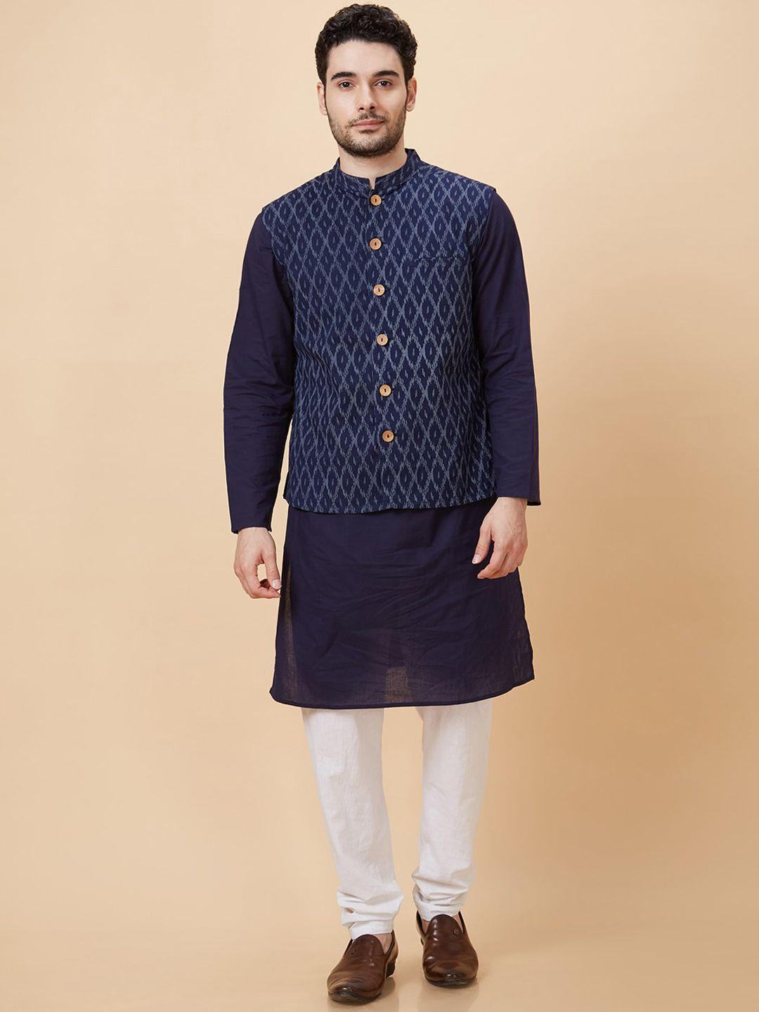 globus men navy blue mandarin collar pure cotton kurta with printed nehru jacket