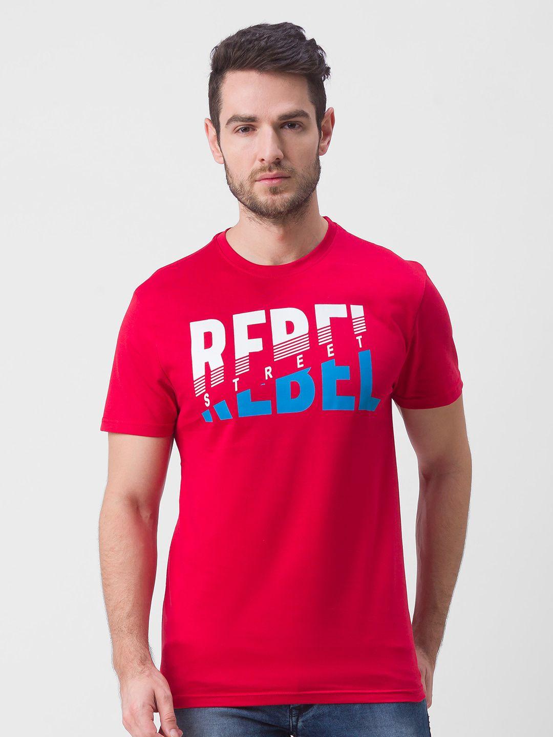 globus men red & blue typography printed slim fit t-shirt