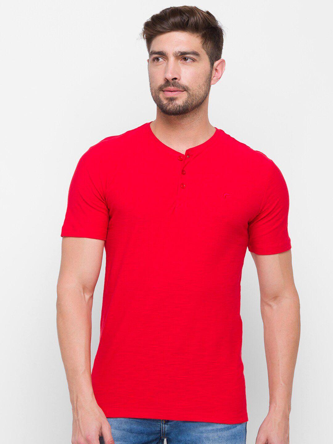 globus men red henley neck pure cotton slim fit t-shirt