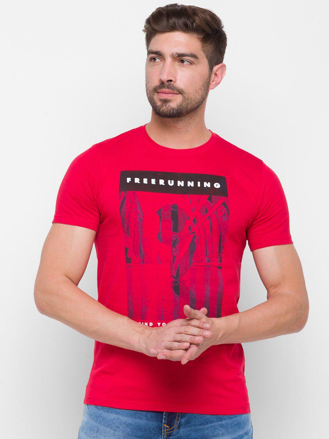 globus men red typography printed pure cotton t-shirt