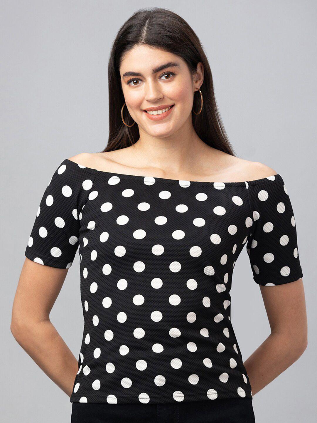 globus monochrome polka dot printed off-shoulder bardot top