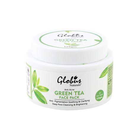 globus naturals green tea anti-acne face pack for anti-pigmentation, deep pore cleansing & brightening enriched with almond, rose, sunflower (125 g)