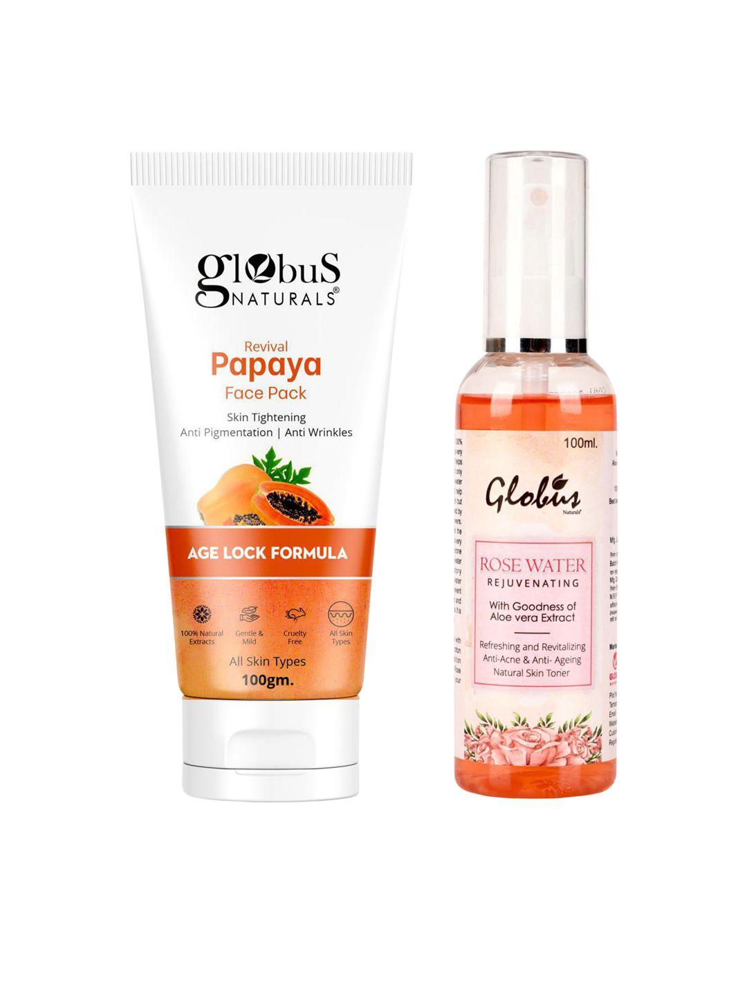 globus naturals set of 2 papaya face pack (100gm) & rose water toner (100ml)