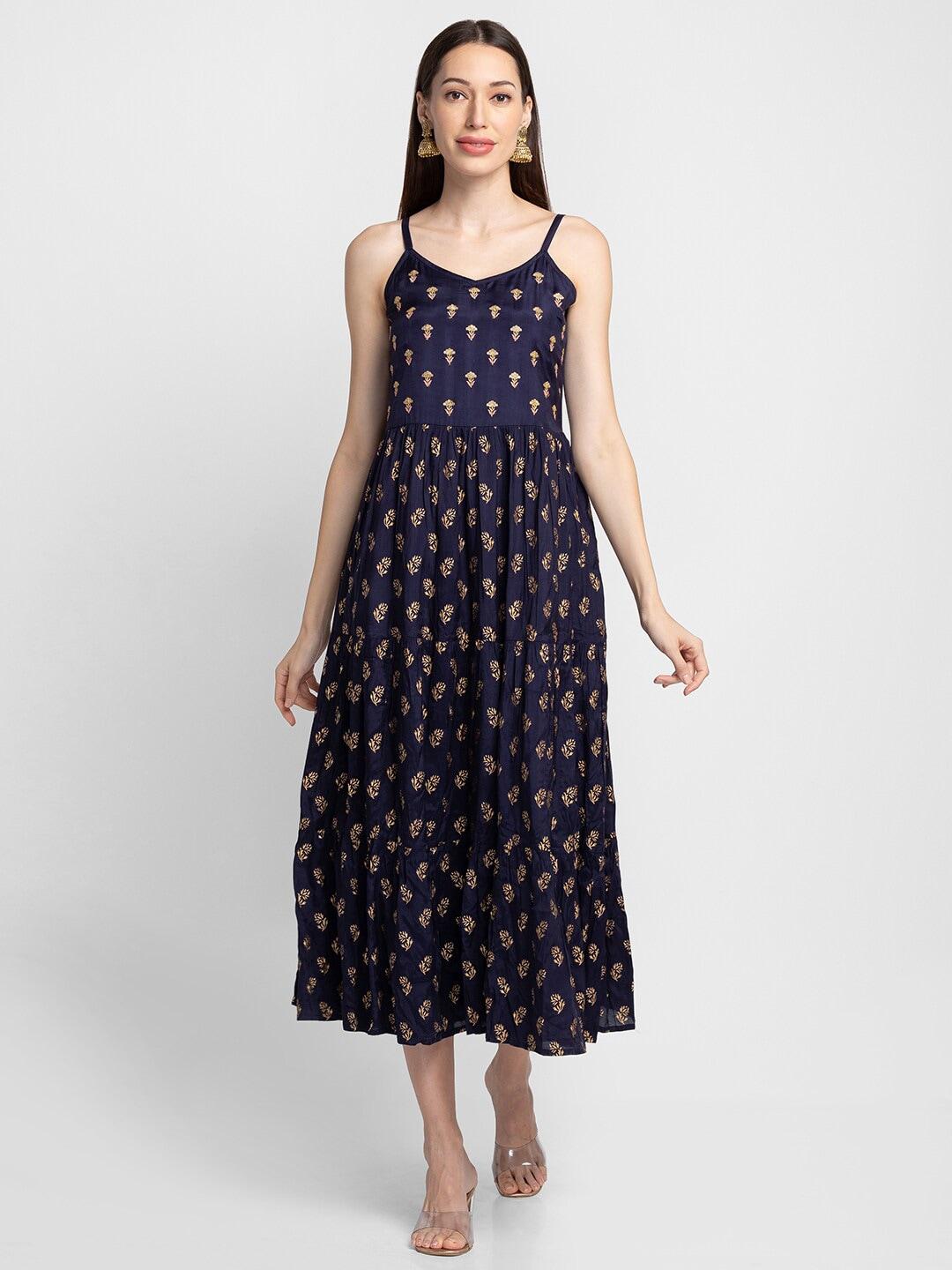 globus navy blue floral embroidered ethnic midi dress