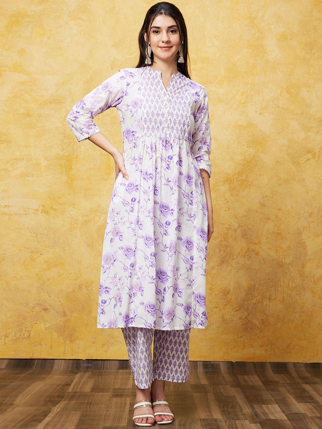 globus off white floral printed band collar pure cotton kurta with trousers
