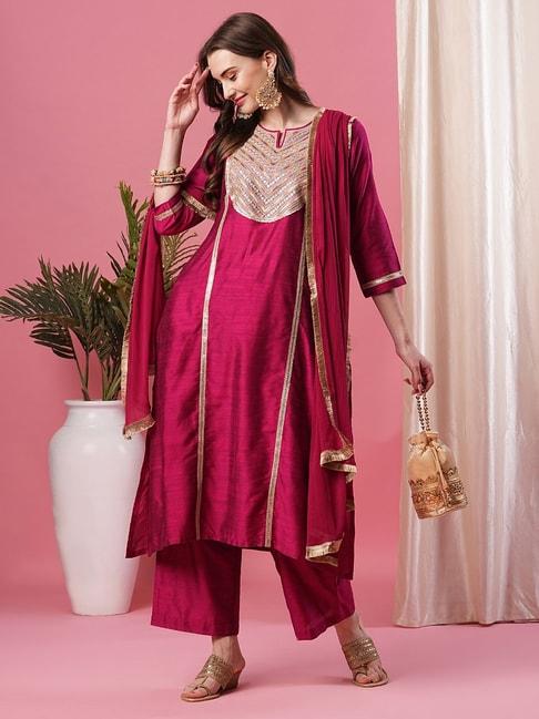 globus plum silk embellished kurta with pants & dupatta