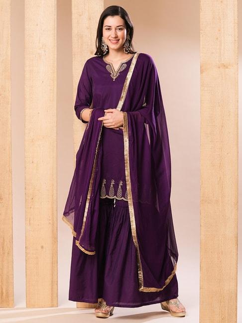 globus purple silk embellished kurti with sharara & dupatta