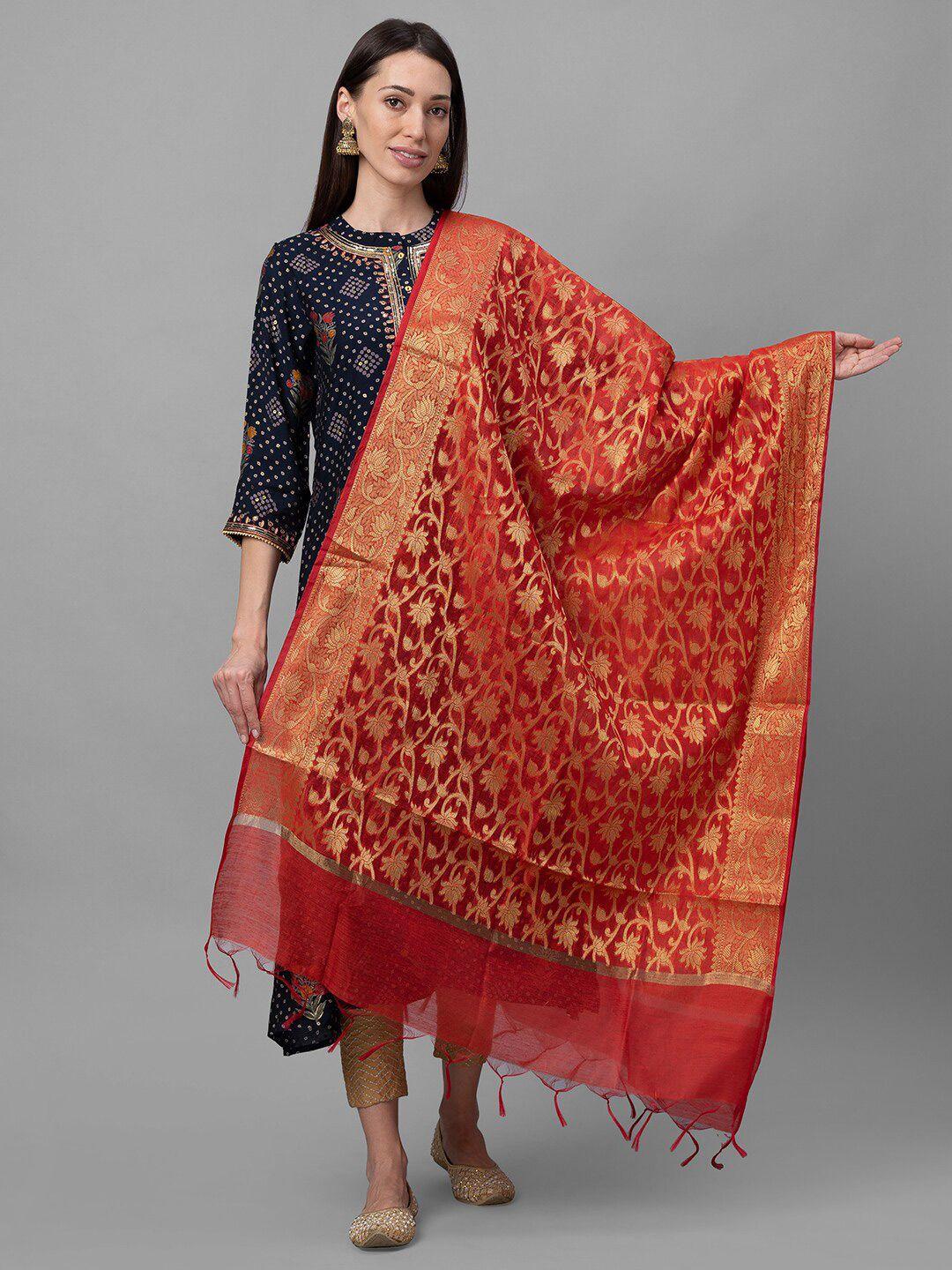 globus red & gold-toned ethnic motifs woven design dupatta with zari