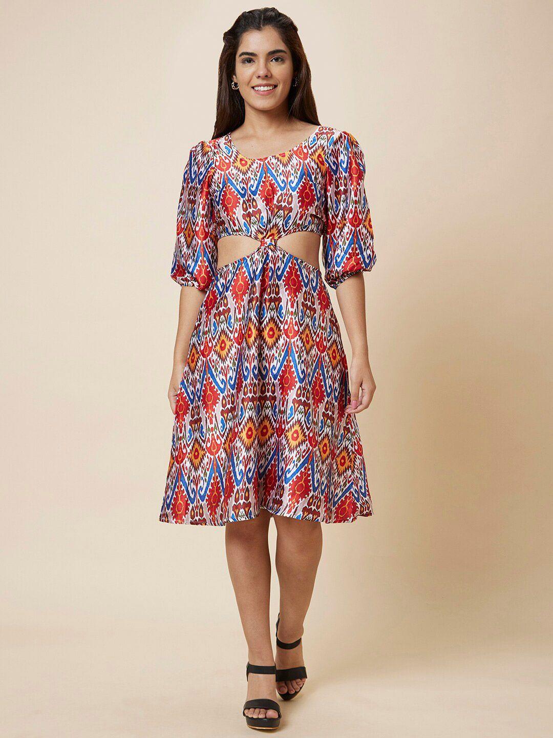 globus red & white ethnic motif printed puff sleeve cut out a-line dress