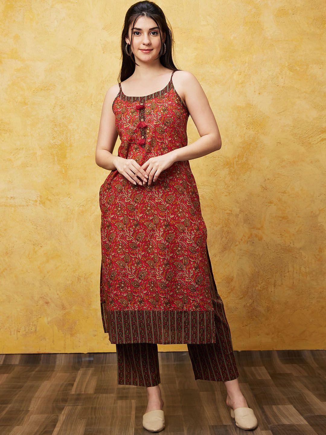 globus red ethnic motifs printed pure cotton kurta with trousers