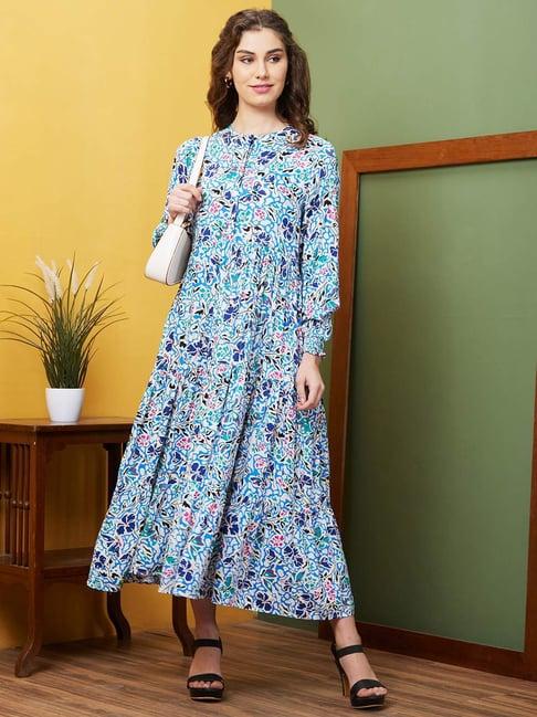 globus white & blue floral print maxi dress