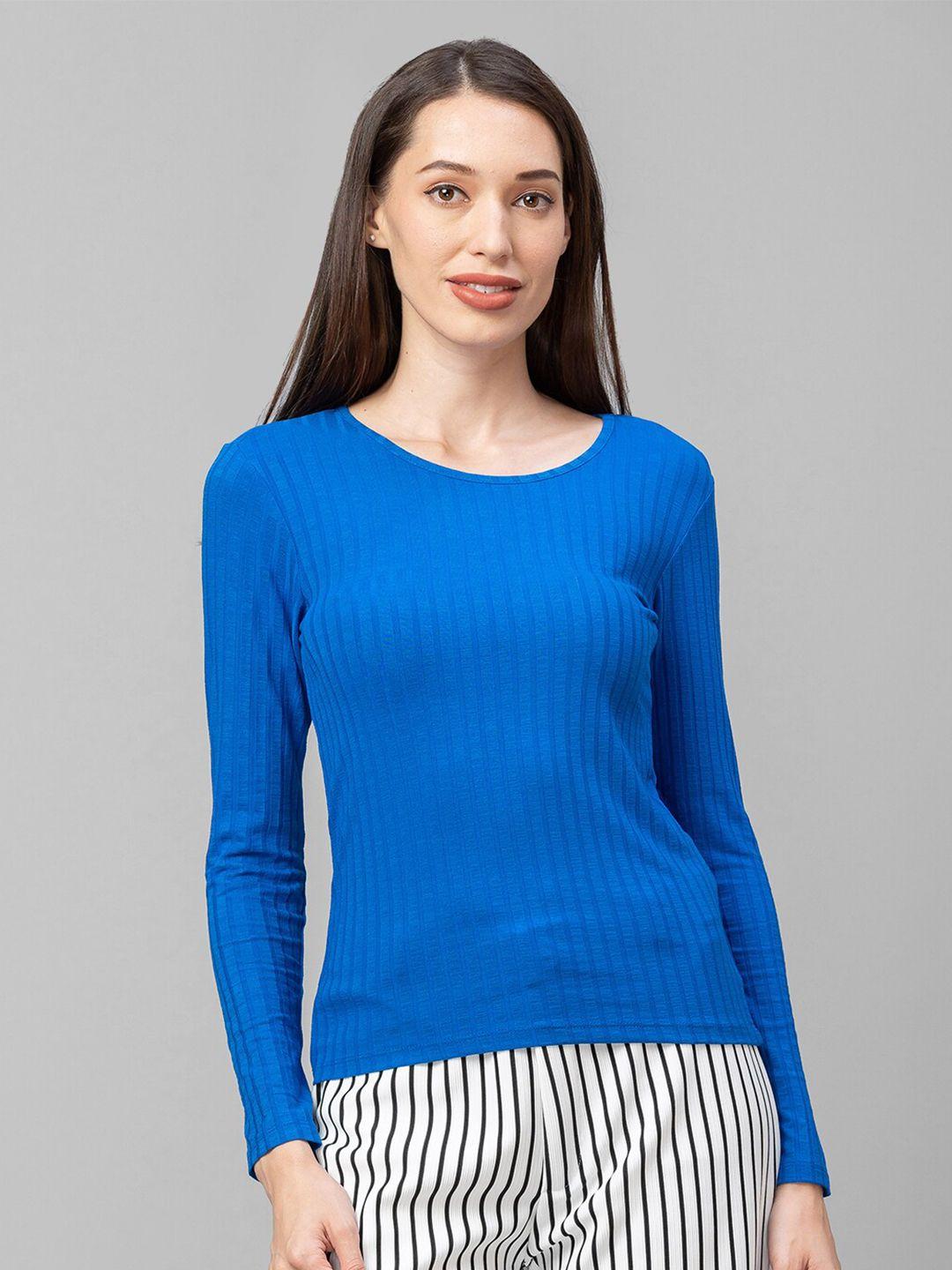 globus women blue drop-shoulder sleeves slim fit t-shirt