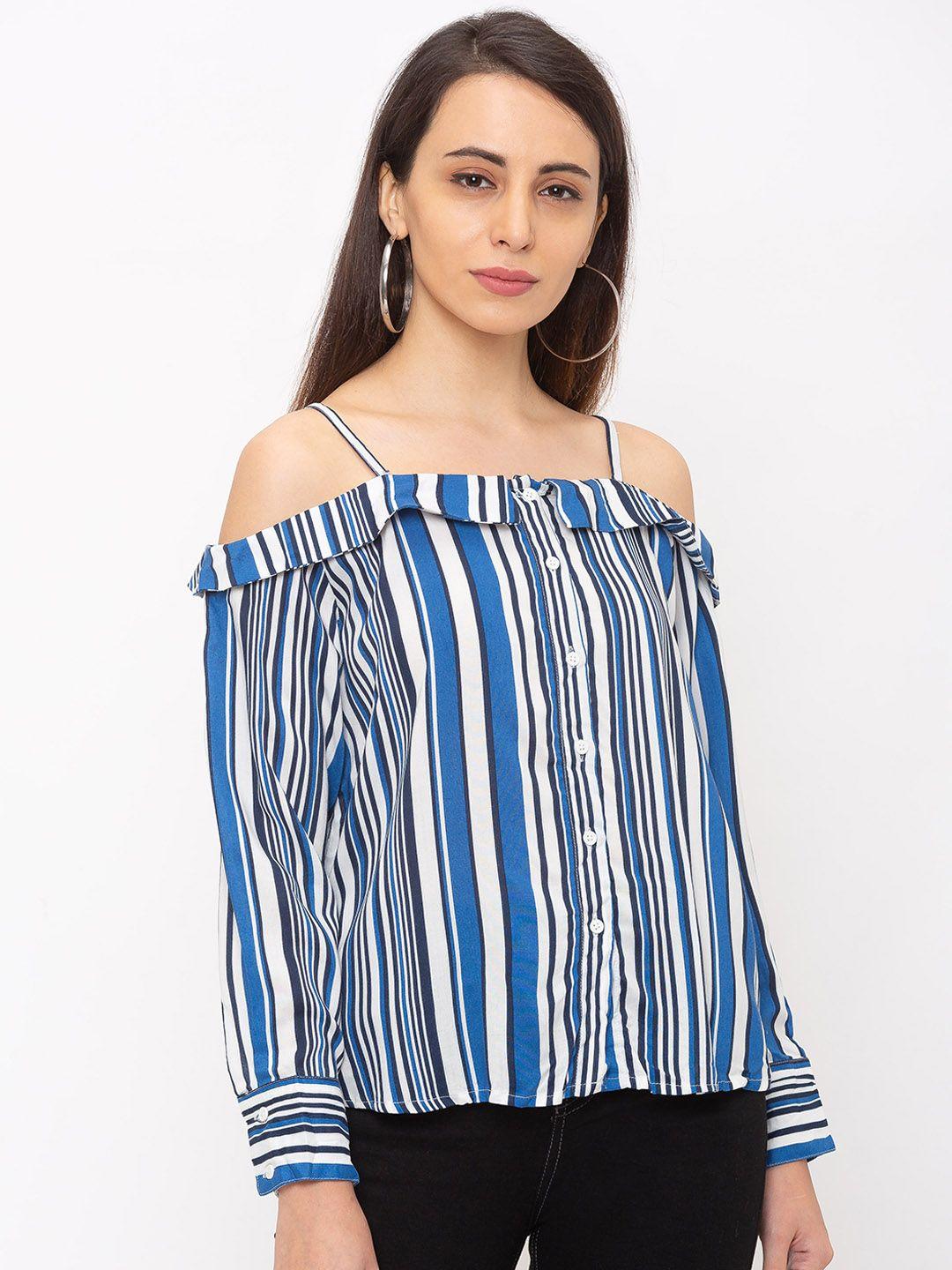 globus women blue regular fit striped casual shirt