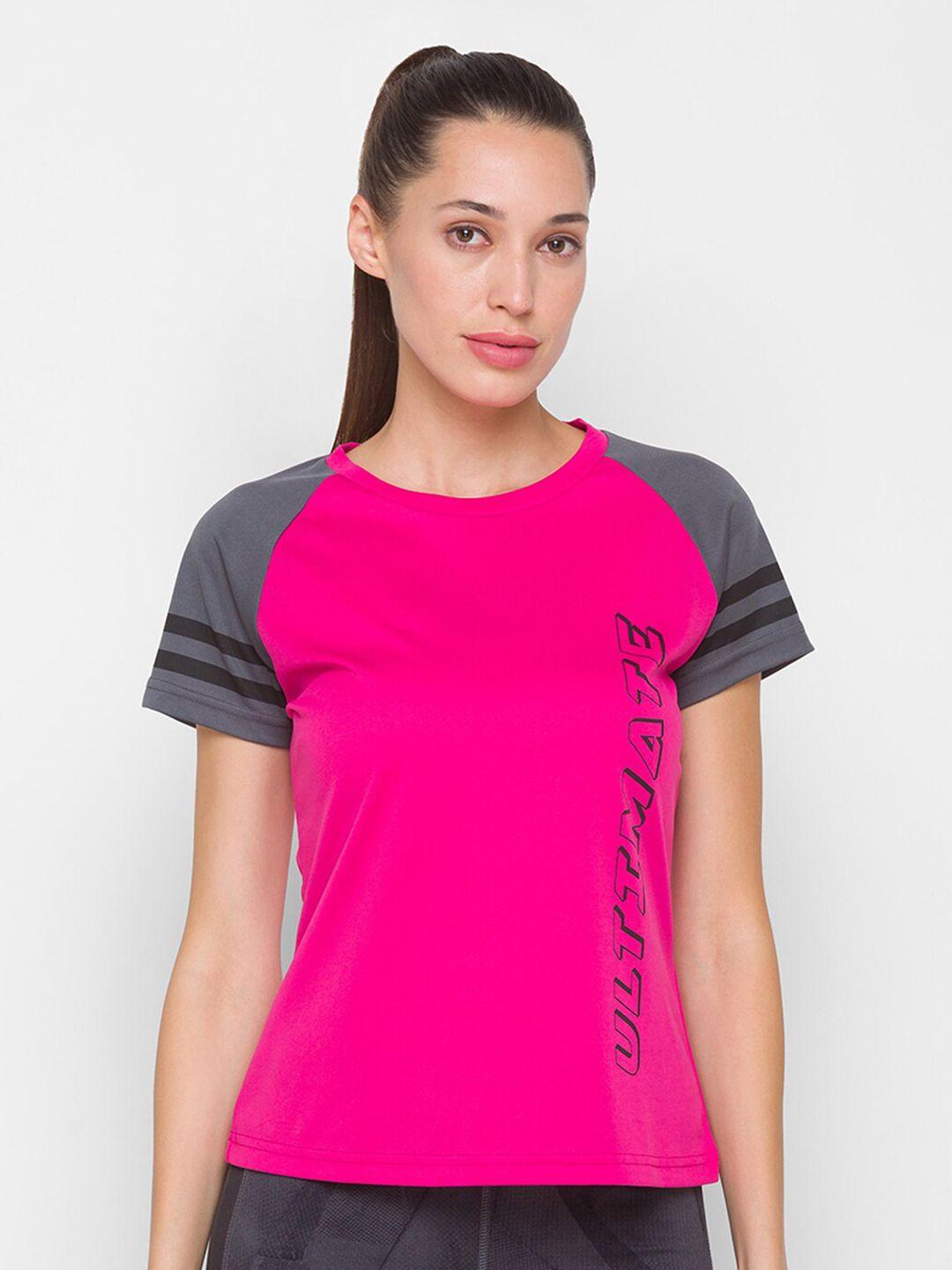globus women fuchsia & grey colourblocked running t-shirt