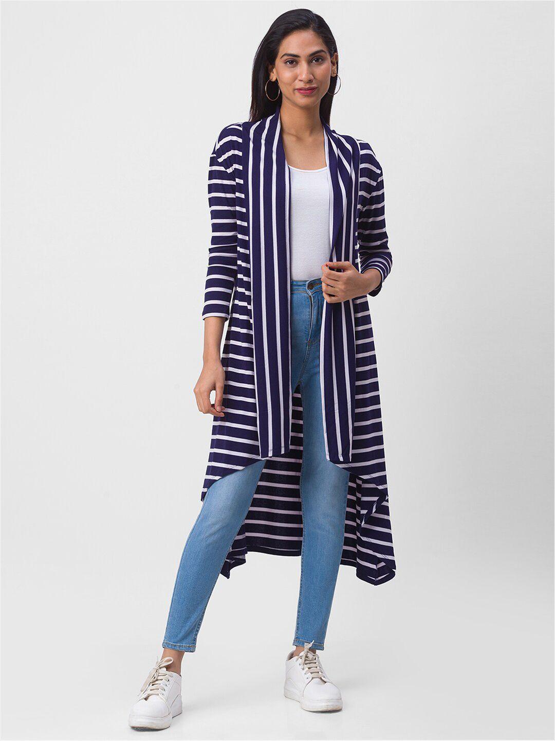 globus women navy blue & white striped longline shrug
