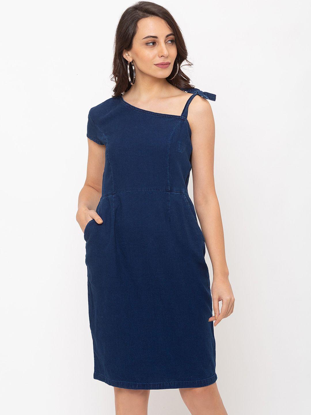 globus women navy blue solid one shoulder sheath dress