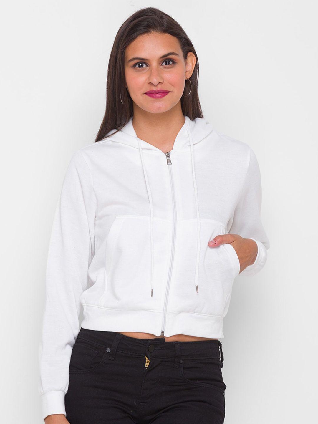 globus women off white solid crop hooded sweatshirt
