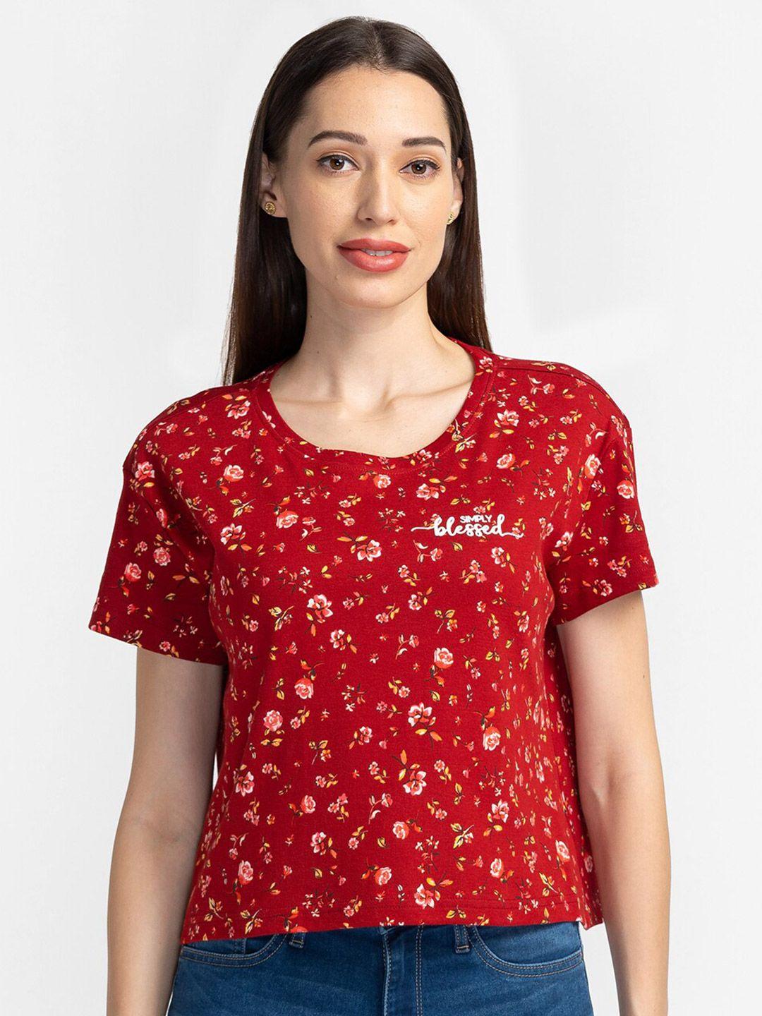globus women red & orange floral printed cotton t-shirt