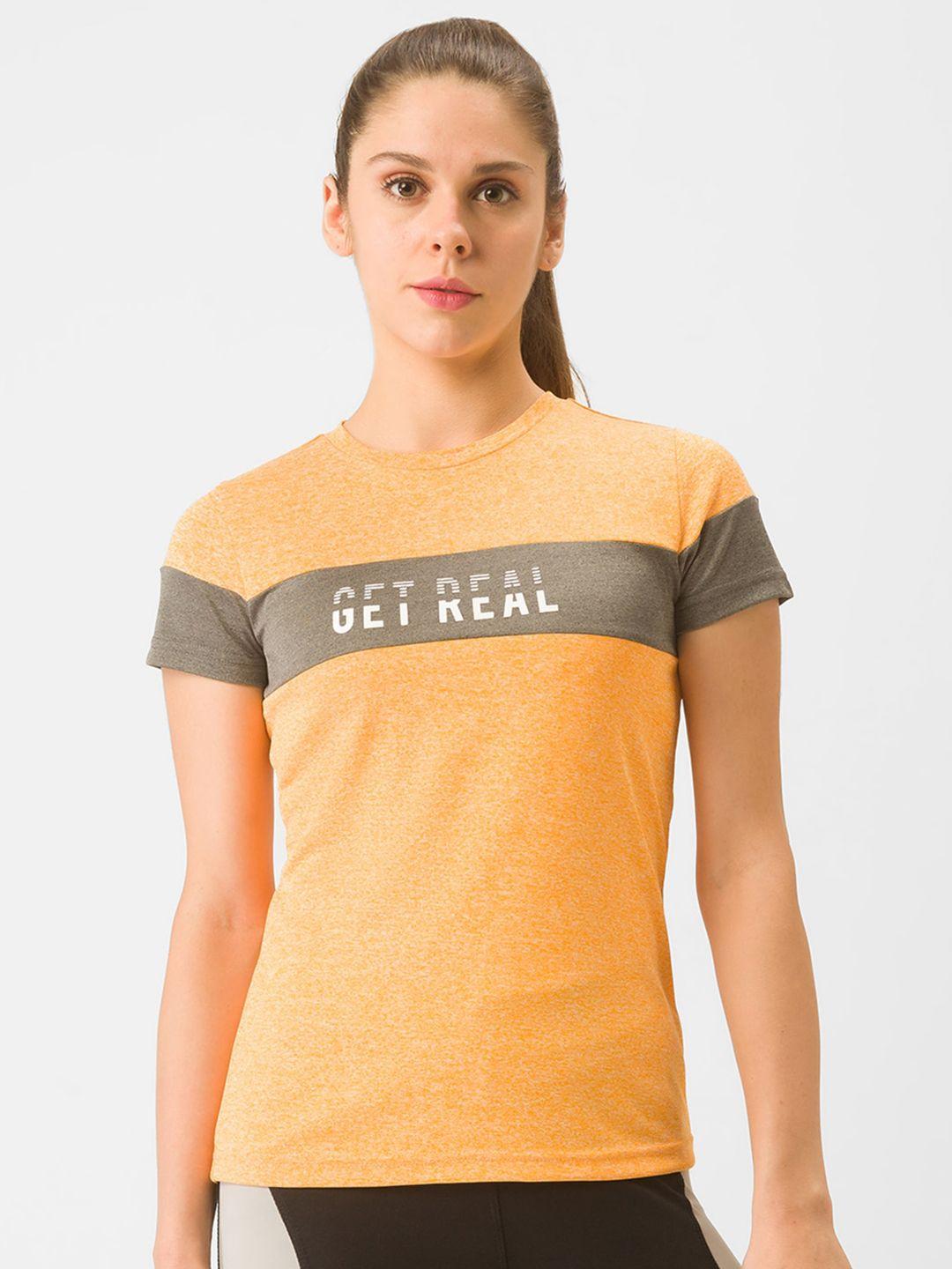 globus women yellow & charcoal typography printed running t-shirt