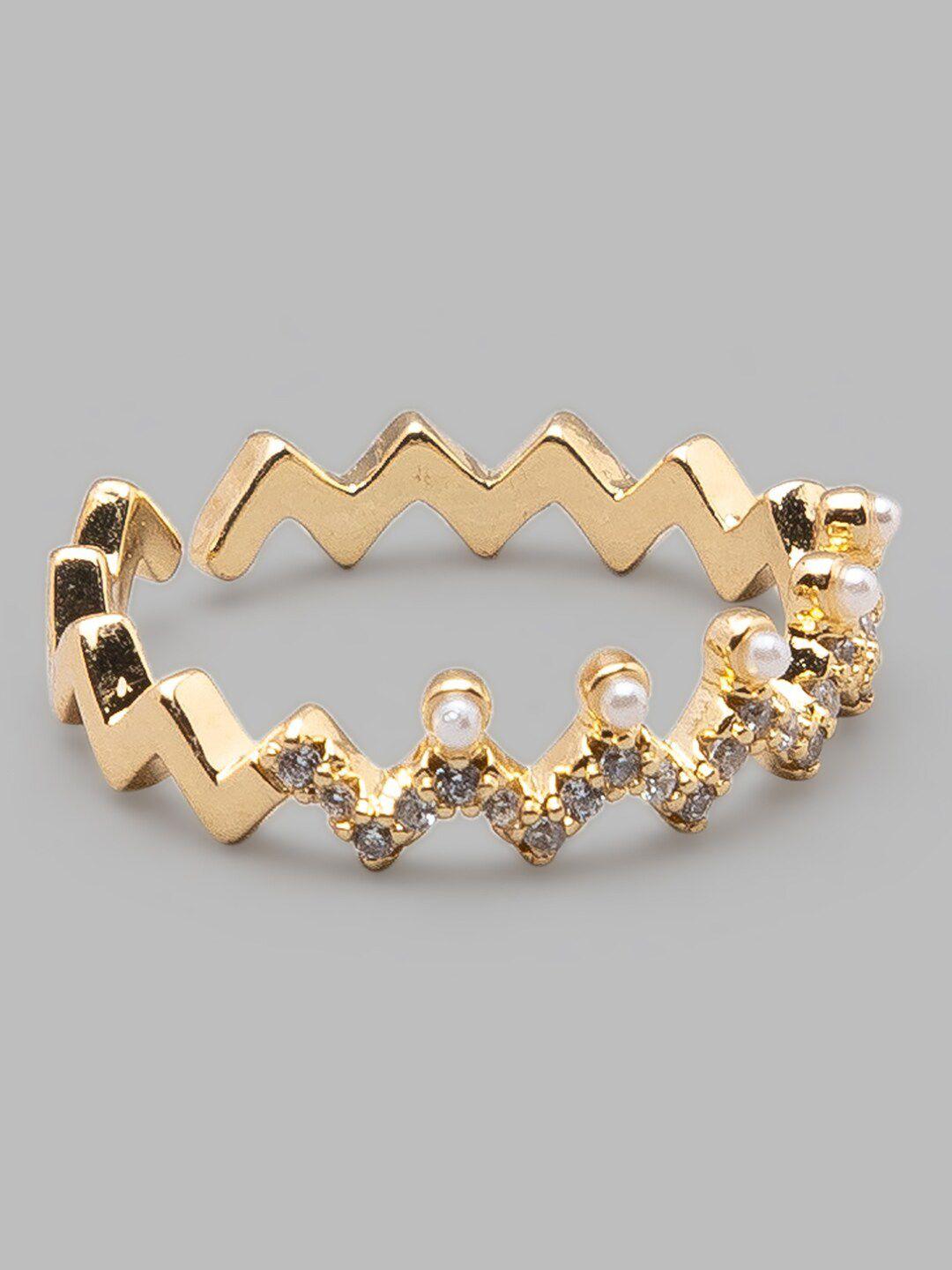 globus  gold-plated white ad stone-studded & pearl beaded  zig zag  adjustable finger ring