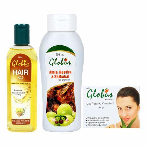 globus aloe vitamin e soap+ globus hair oil+ globus herbal shampoo (375 g)