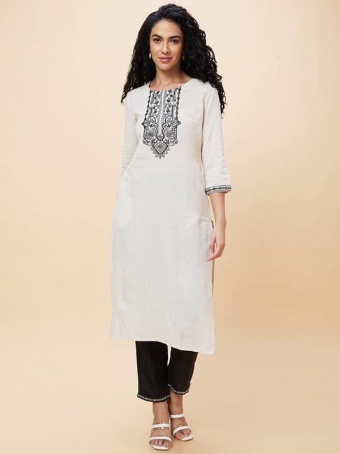 globus beige & black embroidered kurta with pant & dupatta