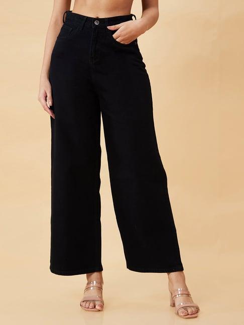 globus black cotton flared fit mid rise jeans