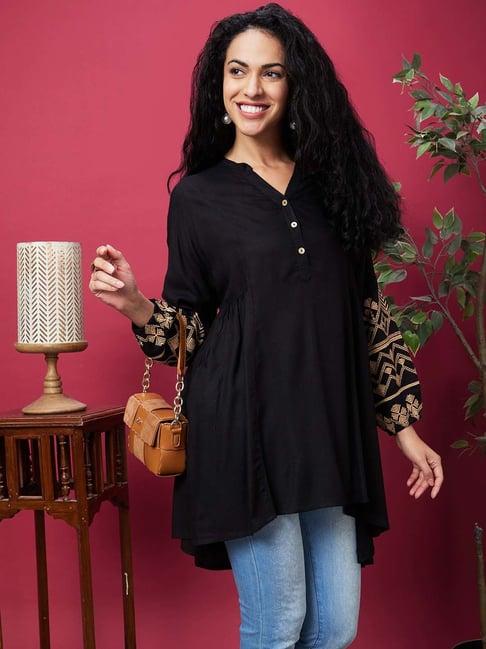 globus black embroidered a line kurti