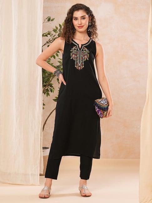 globus black embroidered kurta with pants