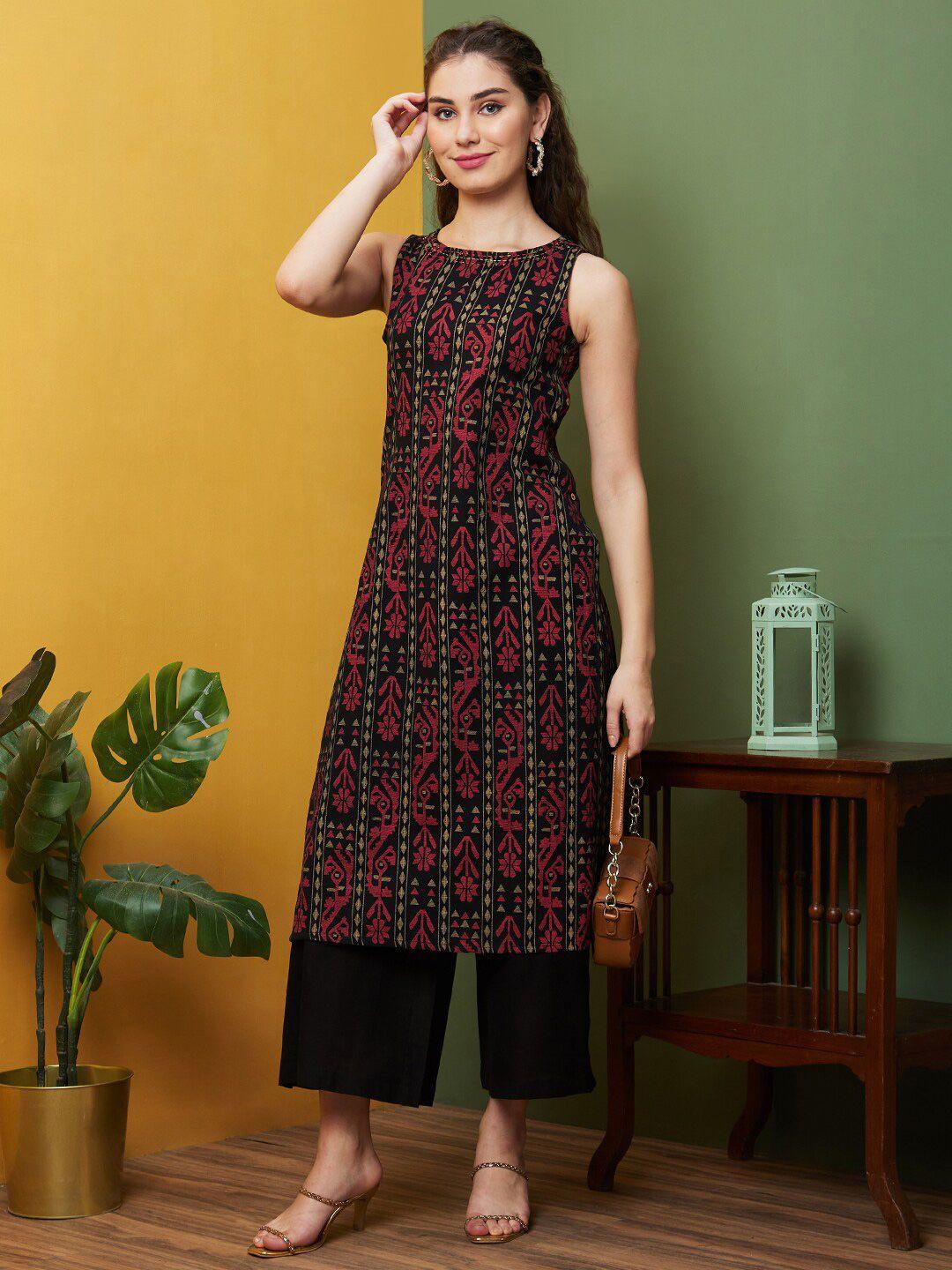 globus black ethnic motifs printed round neck pure cotton straight kurta with trouser