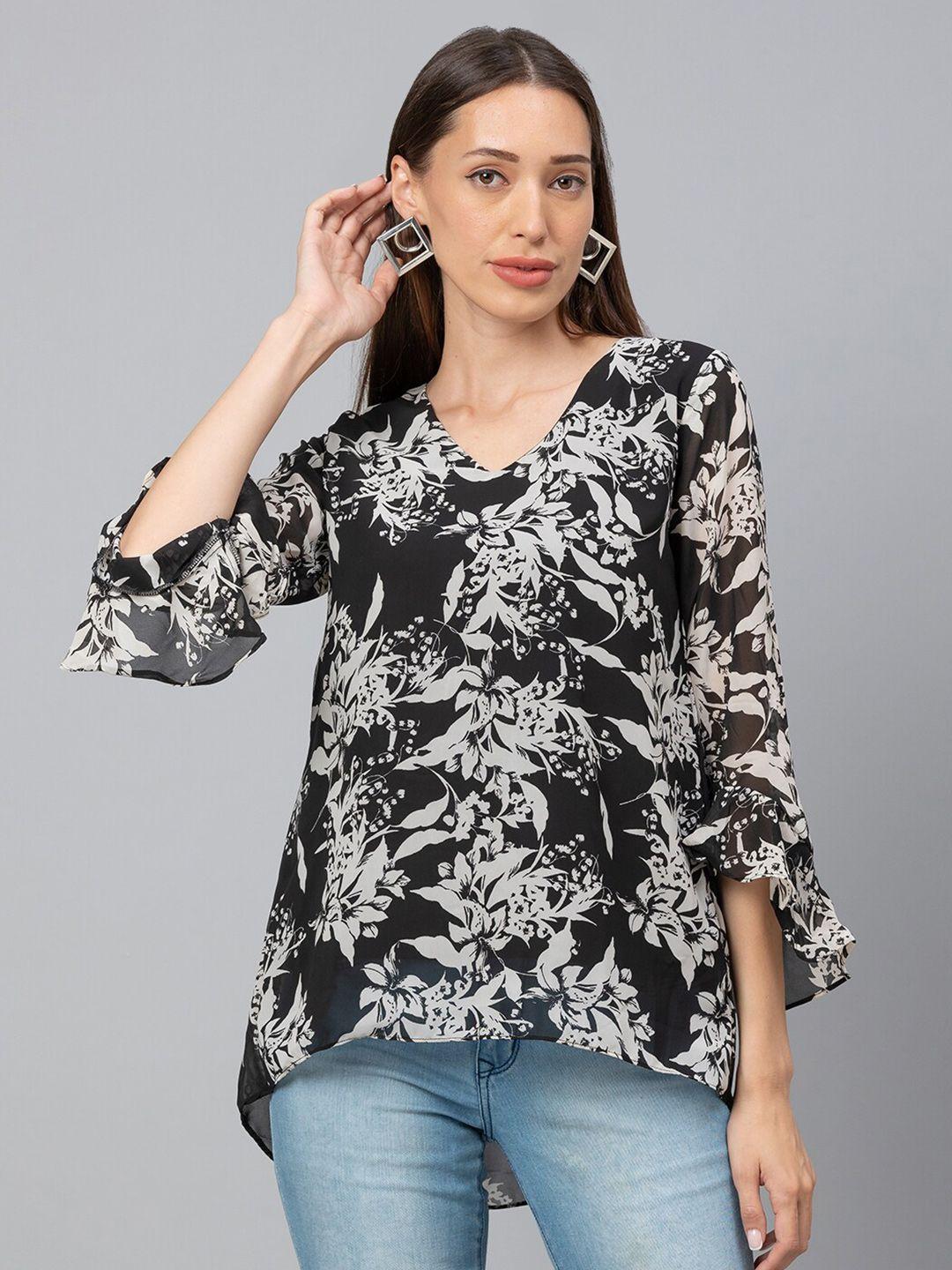 globus black floral print georgette high-low top