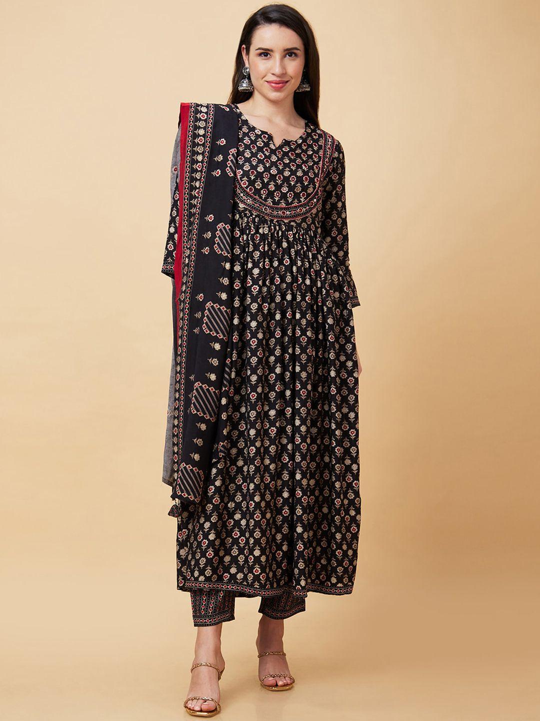 globus black floral printed regular anarkali kurta & trousers with dupatta