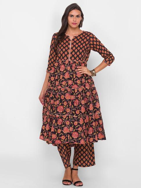 globus black printed kurta set